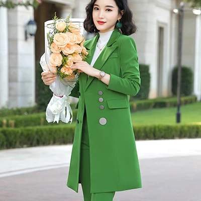 Green Blazer Женские зимние осенние зеленые красные блейзеры высокого качества, Тонкий Длинный блейзер, пальто, модная однотонная куртка для офисных леди - Цвет: Green Blazer