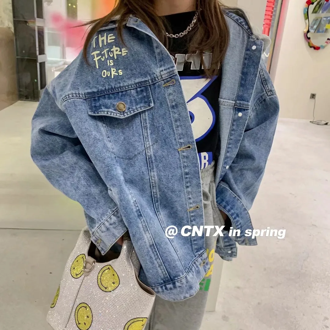

Children's clothing 2021 spring new girls mid-length hooded letters denim jacket, big virgin denim jacket