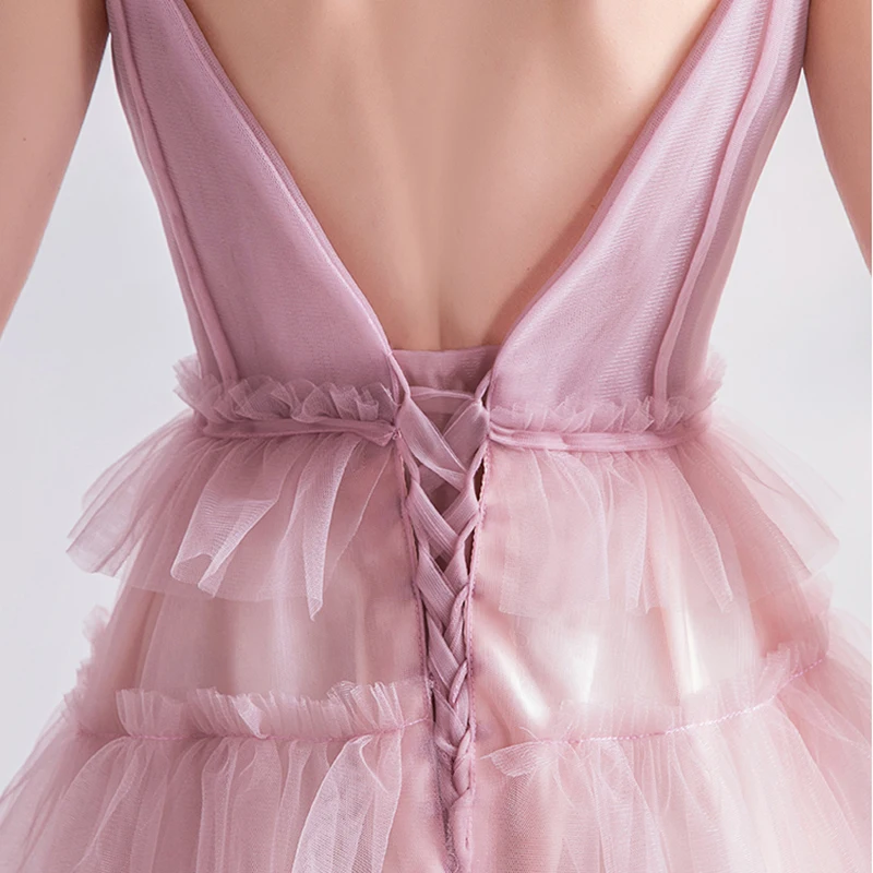 

Spaghetti Strap Party Dress Illuision Ruched Bow V-Neck Tulle Naked Pink Floral Lady Evening Formal Dresses Ball Gown Lace TS065