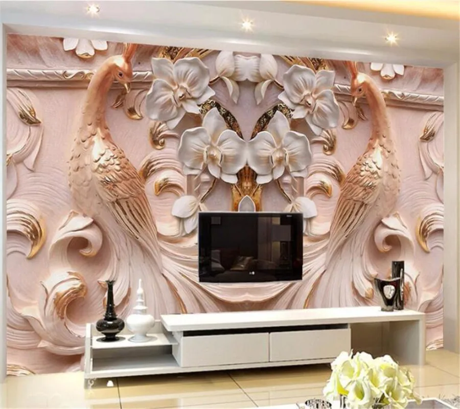 

Custom Wallpaper 3d Photo Murals Large Peacock Reliefs Butterfly Floral TV Background Wall paper Murals papel de parede 3d обои