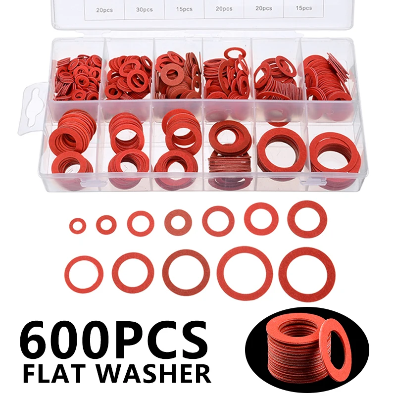 600pcs 12 Sizes Flat Washer Red Steel Paper Fiber Insulation Washer Flat Ring Seal Assortment Kit Insulation Spacer Tool