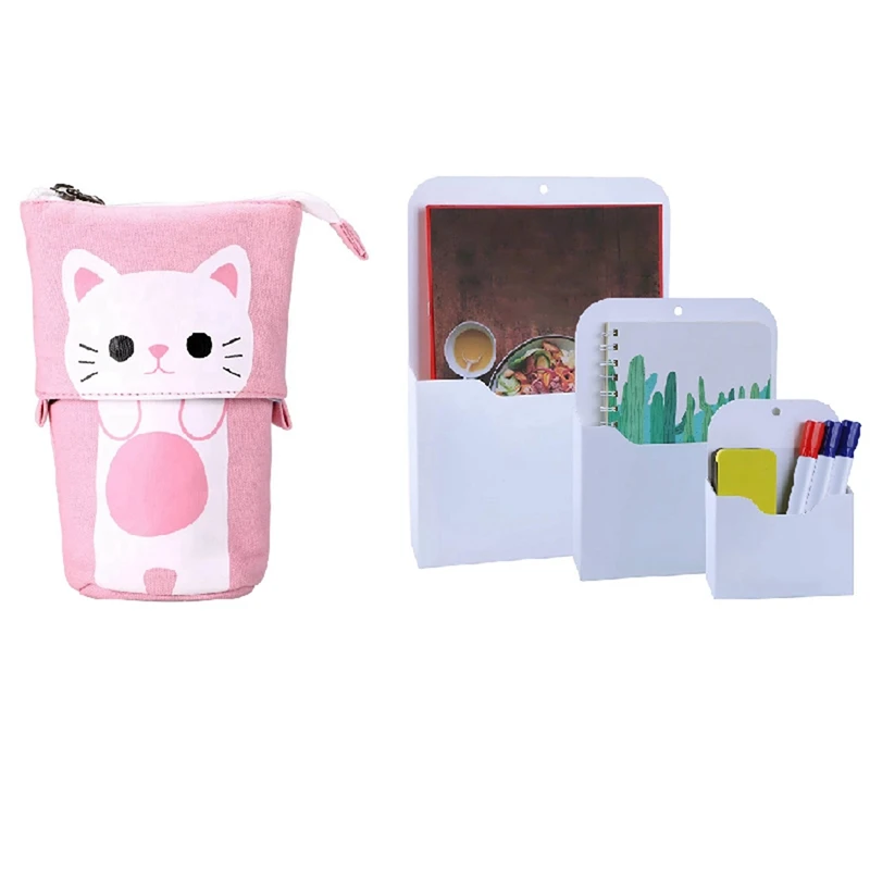

3 Pack Magnetic File Holder Magnetic Storage Pocket Mail Planners Case, L/M/S Size & 1x Pencil Case (Pink)
