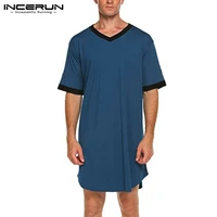 mens nightgown fashion patchwork sleep robes solid color sleepwear man short sleeve bathrobe loose v neck nightwear incerun 5xl