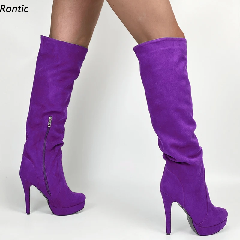 

Rontic Women Winter Platform Knee Boots Faux Suede Stiletto Heels Round Toe Pretty Purple Red Casual Unisex Shoes US Size 5-20