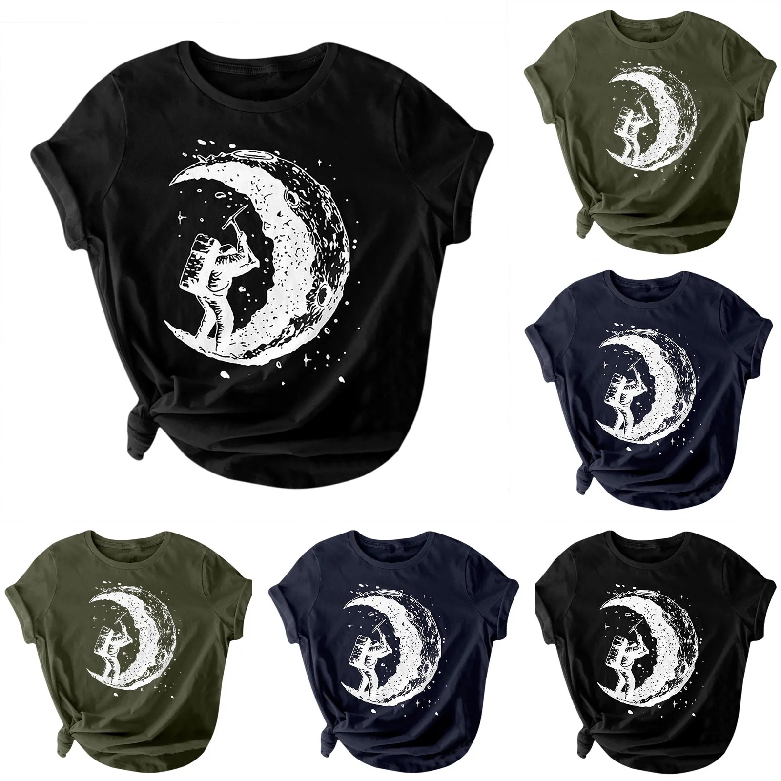

Women T Shirt Moon Printed Harajuku O-Neck Loop Size Shirt T-shirt Short Sleeve Summer Pullover Casual Tee Tops