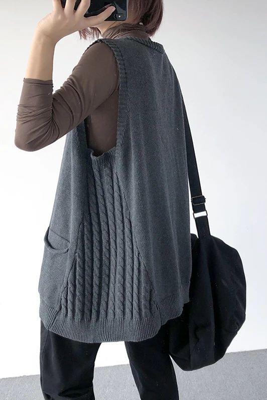Women Knit Sweater Sleeveless Pockets Loose 2020 New Spring Vest Thin Cardigan Solid Color Fashion |