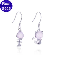 fashion personality cute asymmetric crystal 925 sterling silver cat and fish earrings drop for women girls birhtday gift
