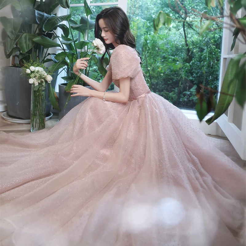 

Pink Vintage Square Collar Puff Sleeve Banquet Dress French Style Elegant Bow Long Princess Dress Fashion Lace Up Evening Gowns