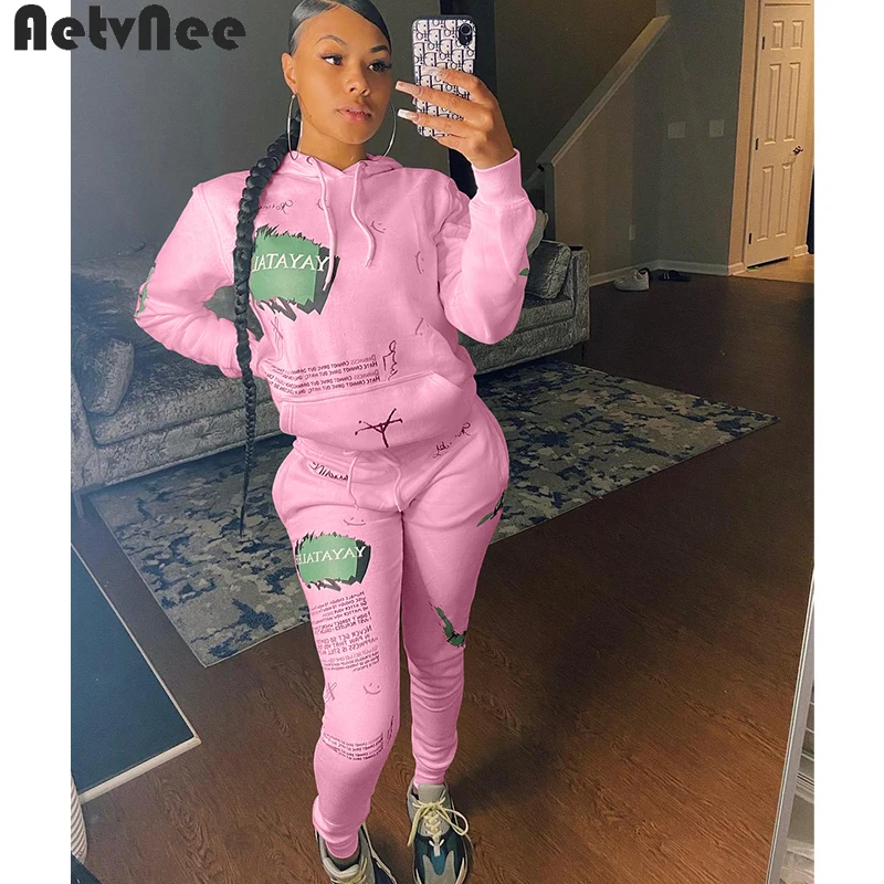 

Женские комплекты с принтом граффити, осенняя Толстовка с длинным рукавом, штаны для бега на шнурке и карманами, комплект из 2 предметов, спо...