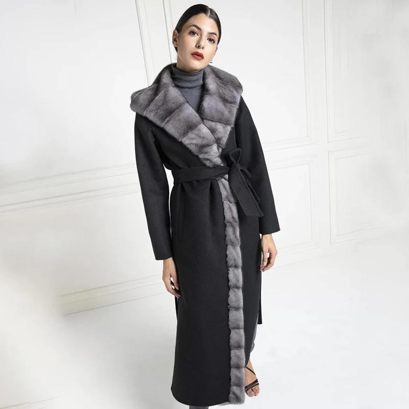 Новинка Женское зимнее шерстяное пальто TOPFUR Nizi из натурального меха норки черное