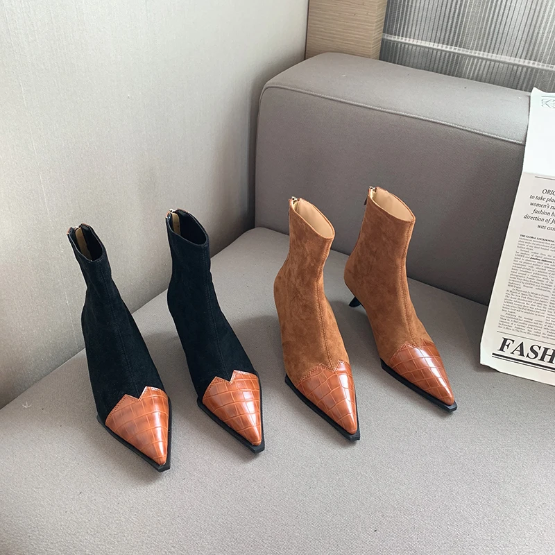 

Fashion Women Ankle Boots Pointed Toe Black/Brown Sock Booties Stretch Boots Woman Party Boots Woman Thin High Heels Size 35-39