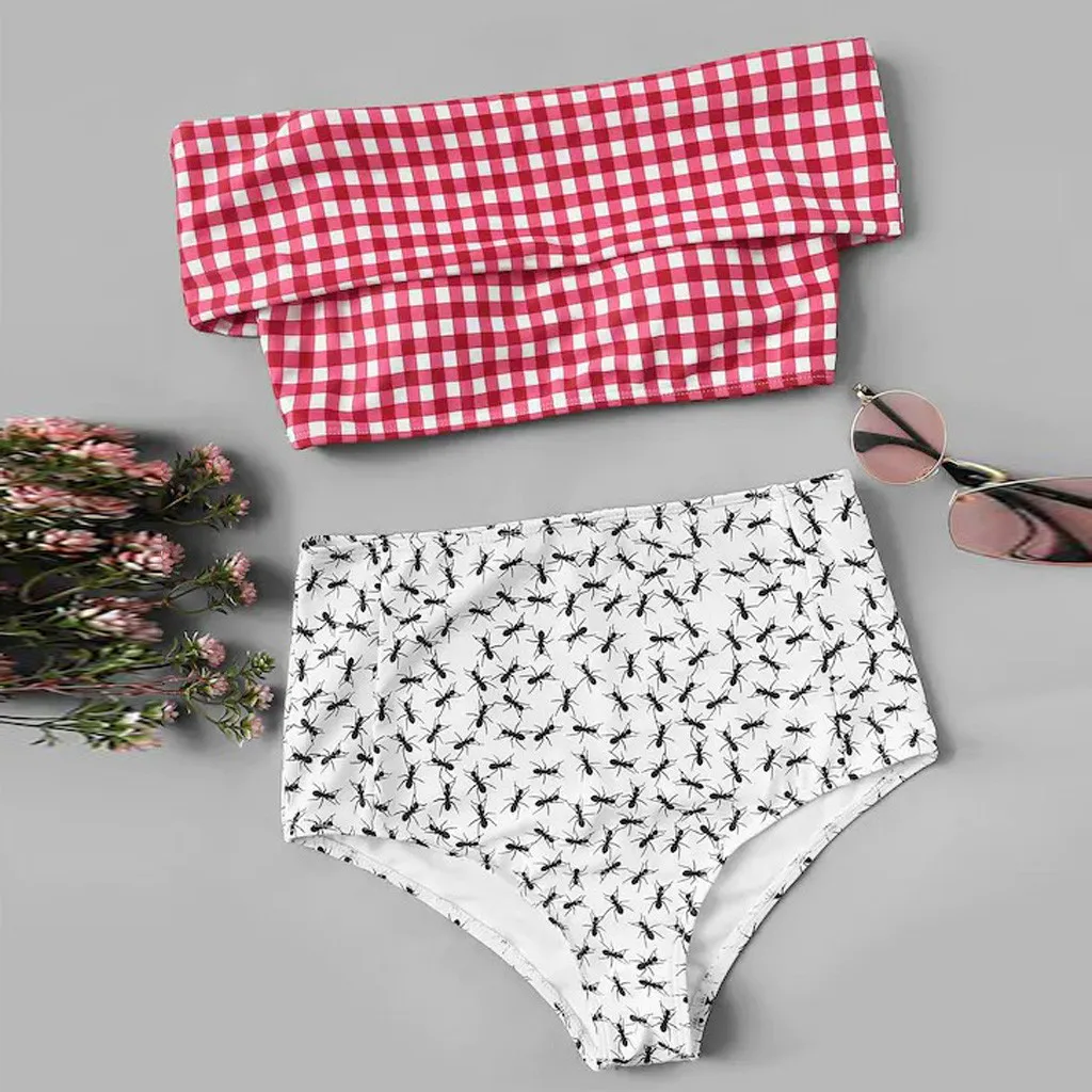SAGACE Tube Top Word Shoulder Swimsuit Set Summer Sexy Two Piece Off Bikini Plaid Printed Beachwear | Женская одежда