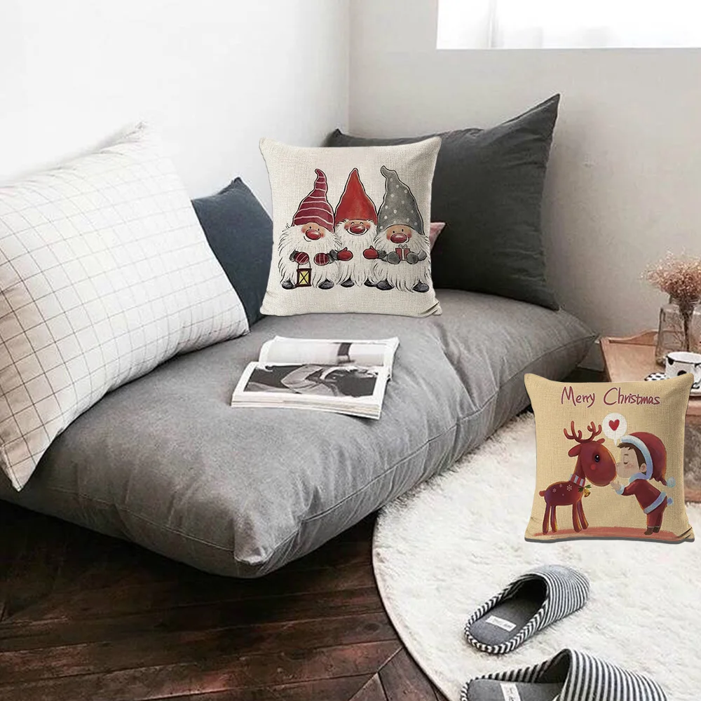 Рождественские украшения наволочки льняные эльф гном Санта зимние с принтом