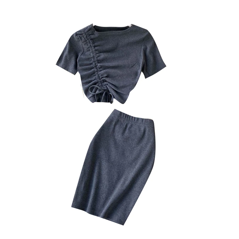

Women Black/Gray Knitted 2pcs Set Casual Short Drawstring Tops + Knit High Waist Skirt Female Vintage Fashion Two Piece Sets New