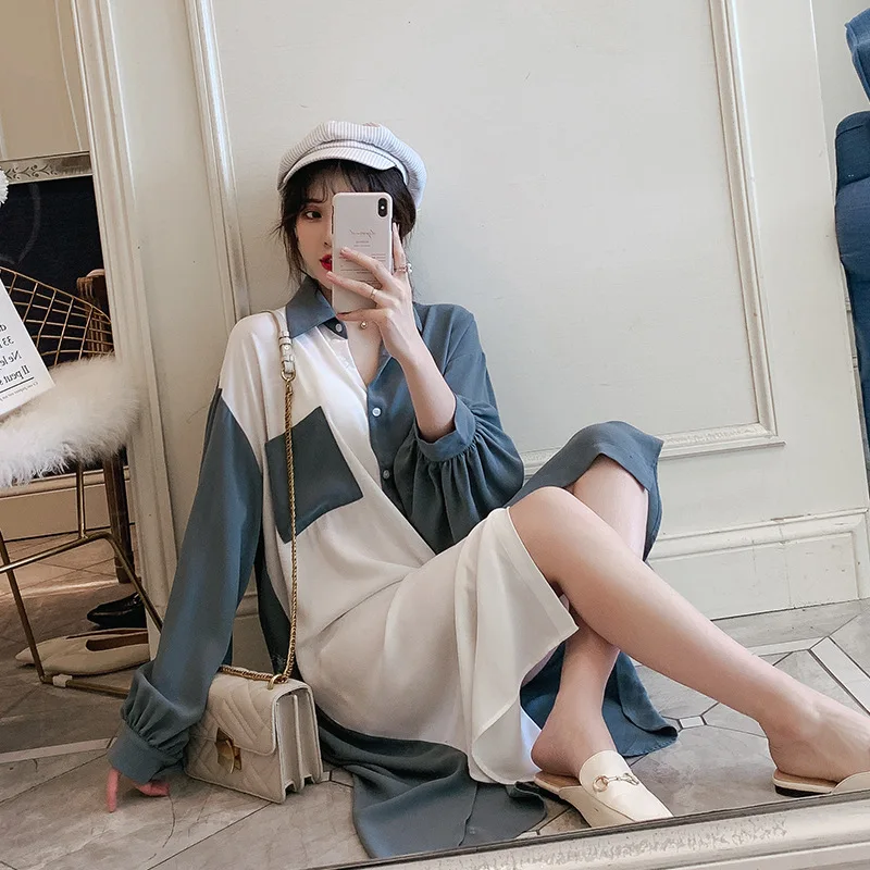 [EWQ] контрастное маленькое длинное платье-рубашка с карманом корейское свободное