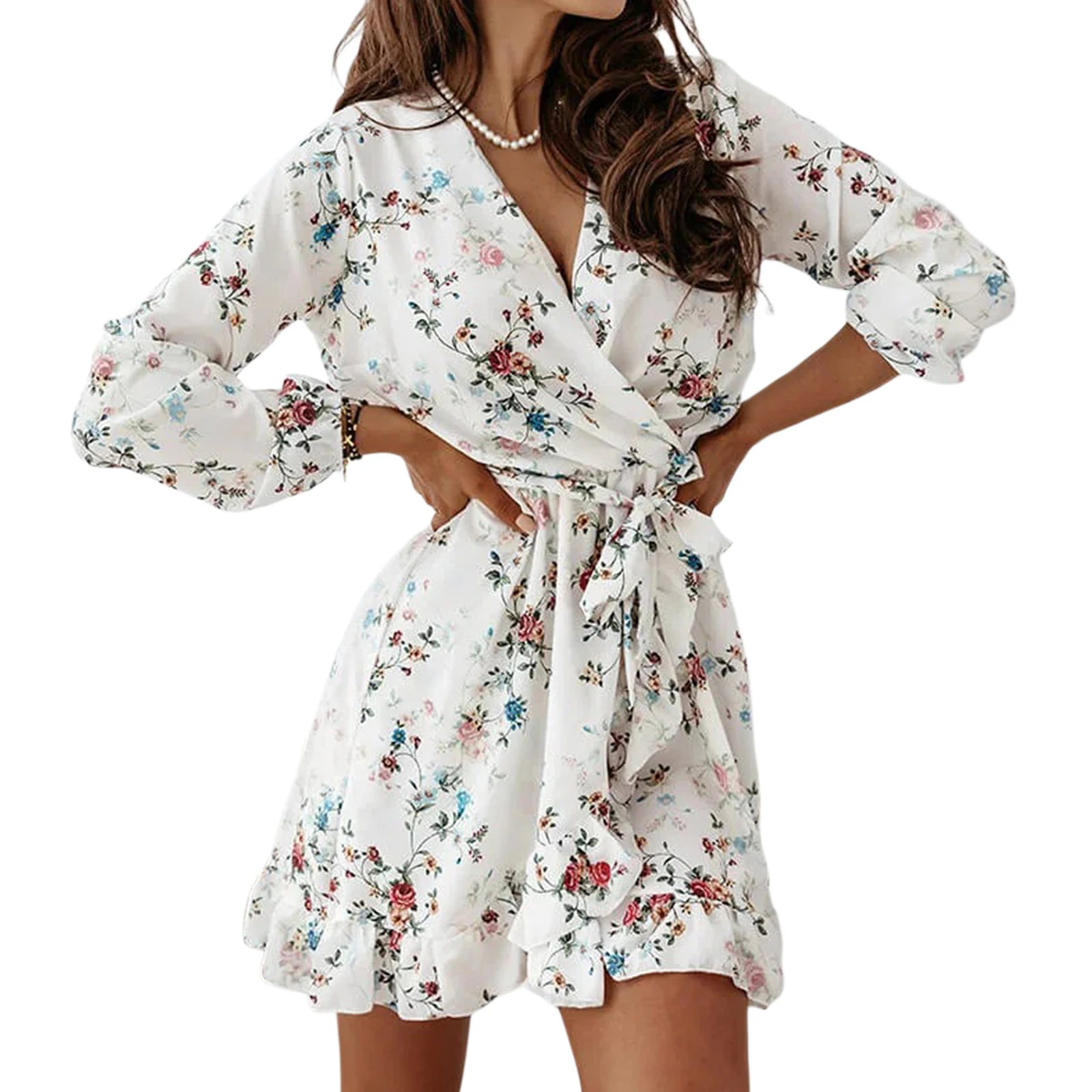 

Summer Women Sexy Dress Fashion Tie-up Ruffle Dresses Vintage Flower Print Long Sleeve V-neck Sundress