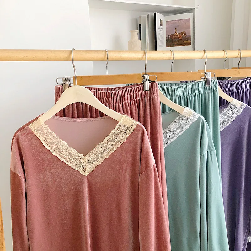 

YRRFUOT Autumn Winter V-neck Homewear Pure Cotton Pajamas Velvet Lace Solid Color Nightclothes Full Length Sleepwear Women Set