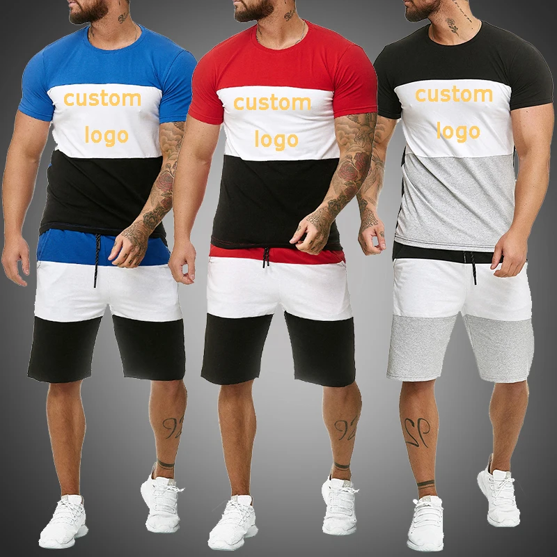 Custom Logo 2 Piece Outfit Sport Set Stripe Print Sweatsuits Casual t Shirt +Shorts Set Summer Fashion Clothing Male Tracksuit
