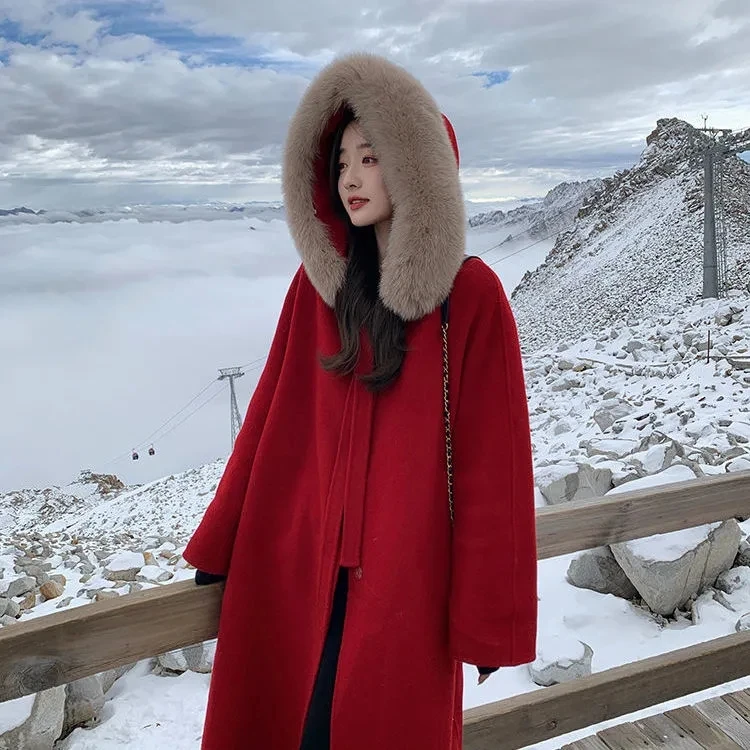 Женское шерстяное пальто Luck A элегантное однотонное с большим меховым воротником