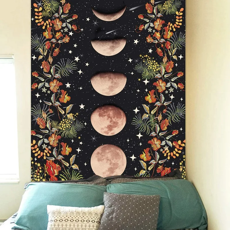 

Moonlit Garden Tapestry,Moon Flower Vine Tapestry Black Background Floral Tapestry Wall Hanging for Room