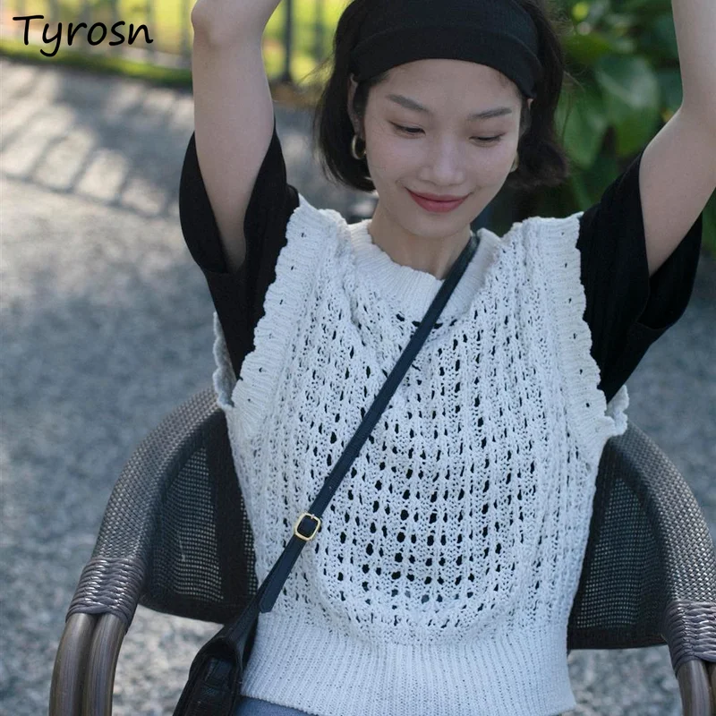 

Hollow Out Design Sweater Vest Women Fashion All-match Korean Style Loose Chic Female Streetwear Temperament Solid Simple Retro