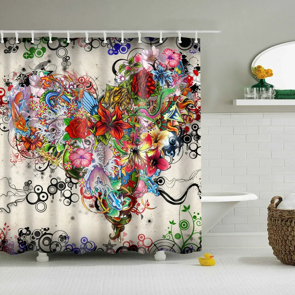 

Heart Pattern Home Decorations Shower Curtain Set with 12 Hooks