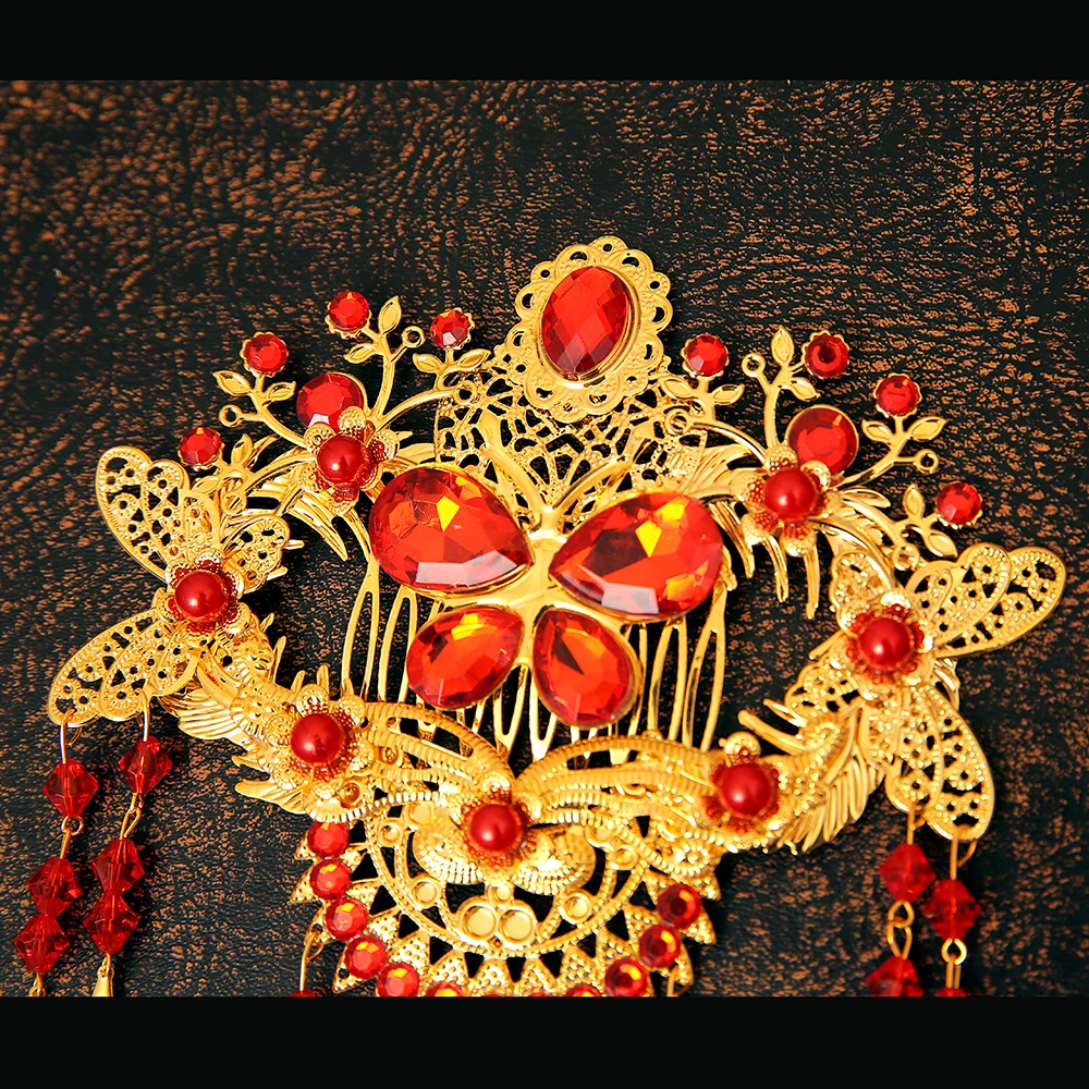 Женские свадебные аксессуары для волос в китайском стиле красные Кристальные