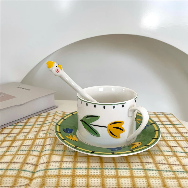 

Korean ins retro tulip ceramic coffee-cup set girl family party afternoon-tea saucer set breakfast cup fall mug gifts