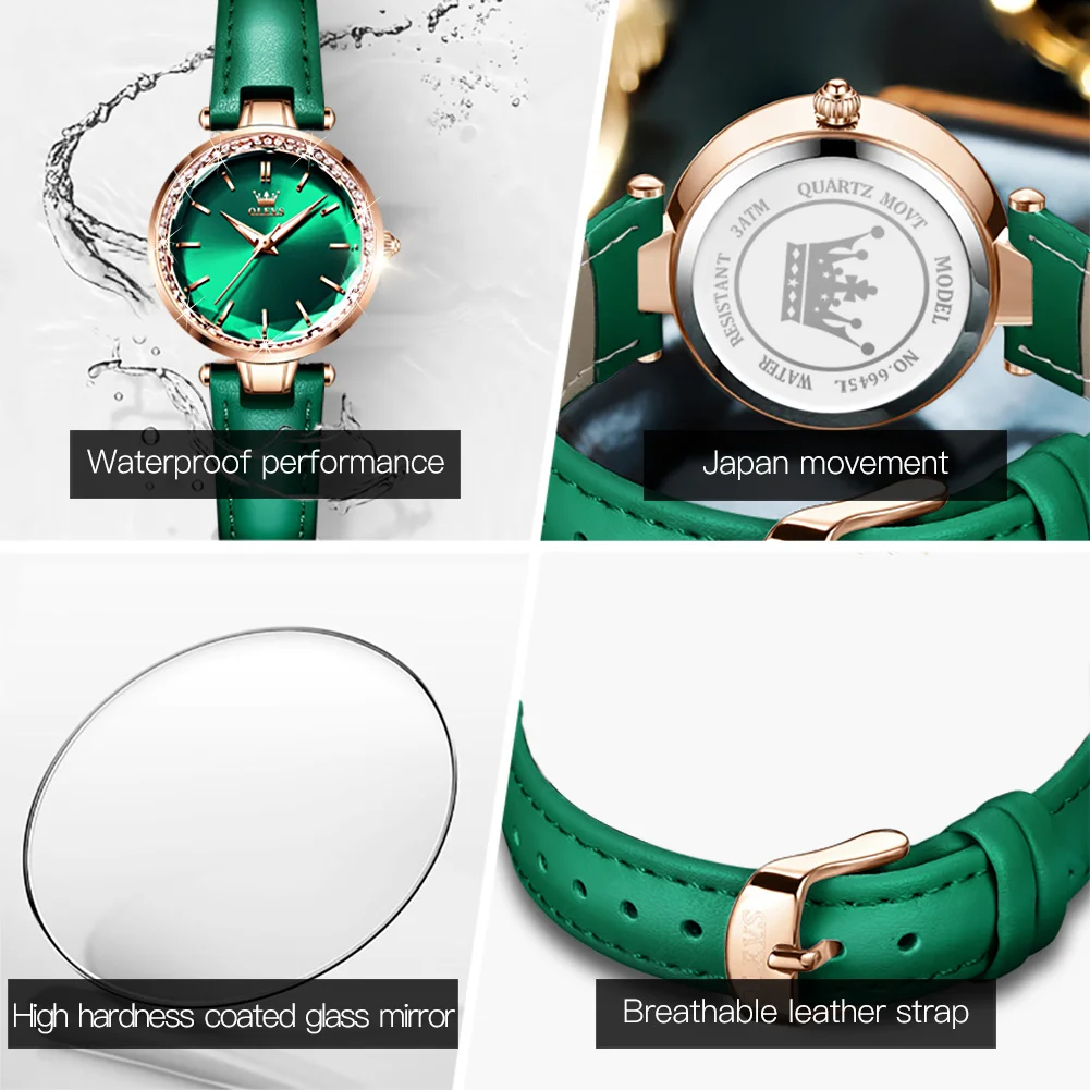 

OLEVS NEW Japan Quartz Malachite Dial Diamond Circle Luxury Ladies Watch Leather Strap Lmported Movement Waterproof Watch Set