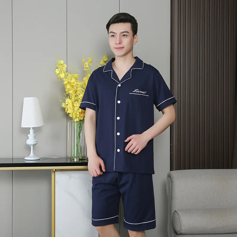 

Cotton Pajamas Suit With Shorts Men Button-Down Pyjamas Lapel Short Sleeve Sleepwear 2 Pieces Home Wear Suitable For Summer