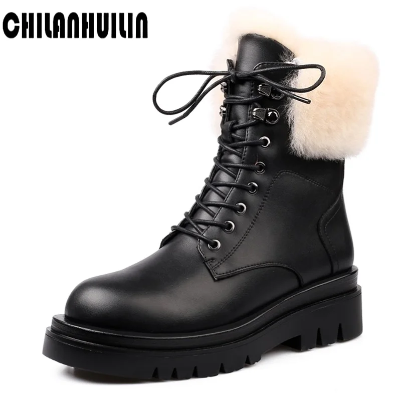 

women ankle boots chunky heels warm snow boots cow leather motorcycle booties fashion winter ladies shoes plush platform shoes