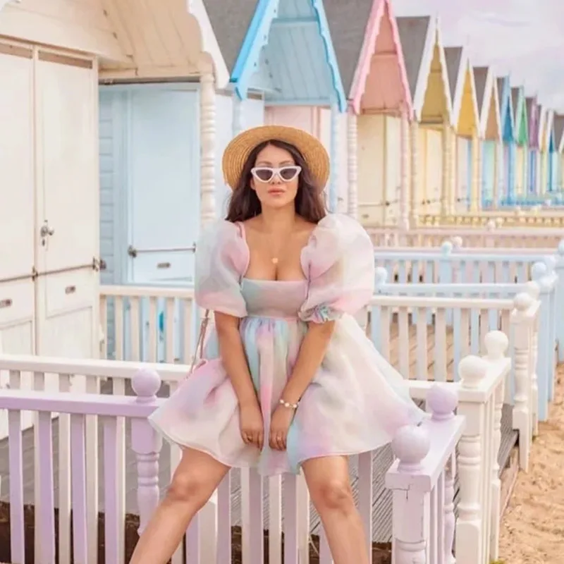 

Stylish Tie Dye Colorful Tulle Women Mini Dress 2021 Summer New Prom Gowns A-line High Waist Cute Girls Summer Dresses