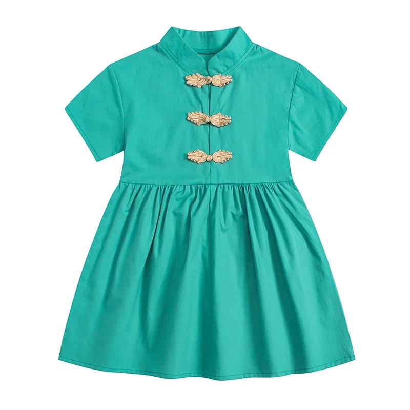 

2020 Summer New Short Sleeve Girls Chinese Style Pure Color Cheongsam Cotton Children's Tang Suit Han Fu Princess Children's