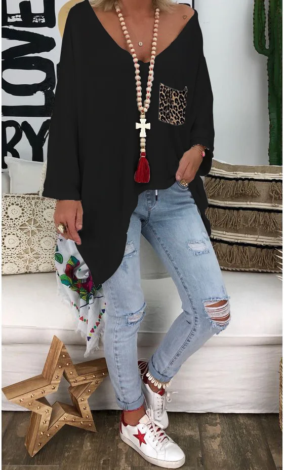 Длинная футболка Женская осенне-зимняя одежда Карманы v-образный вырез