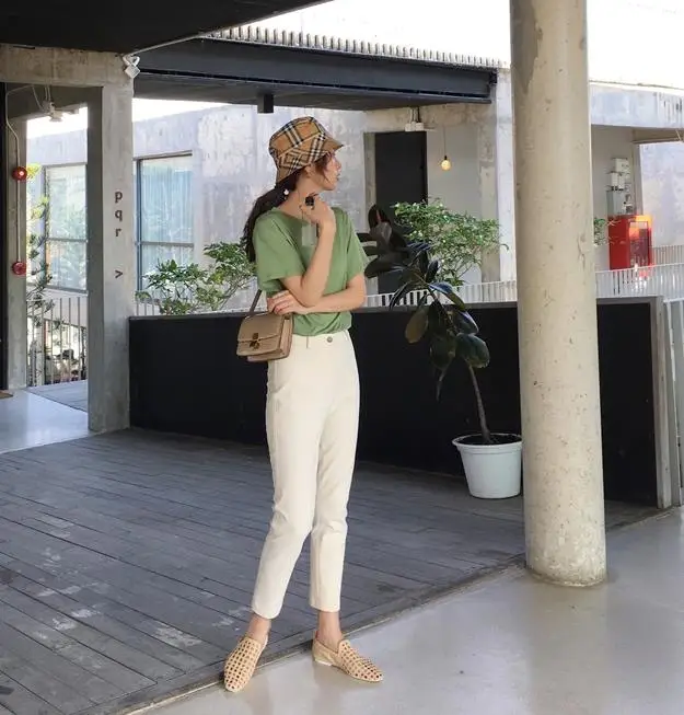 Casual High Waist Pencil Cotton Pants Women Solid Ankle-length Pants OL Elegant Female Summer Trousers
