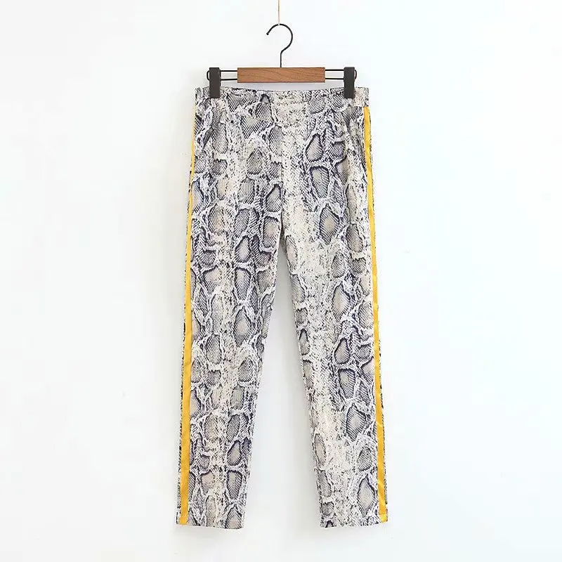 

European American women's V-neck snake print sleeveless shirt + contrast stitching snake print color trousers casual pants suit