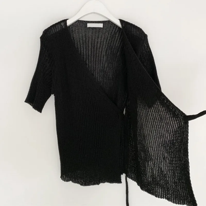 

LANMREM 2021 Summer And Autumn Slim Pullover Korean Design V-neck Cross Strap Drawstring Short Sleeve Knitted Sweater 2D3659