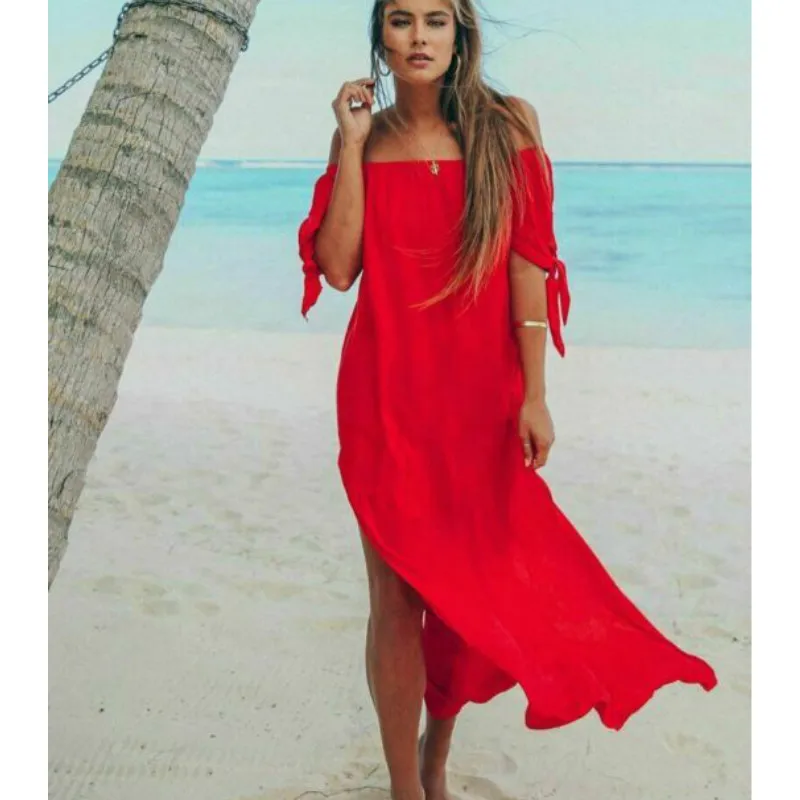 

Women Summer Beach Off Shoulder Split Maxi Dress Beachwear Cover Up Kaftan Dress 2020 New Fashion