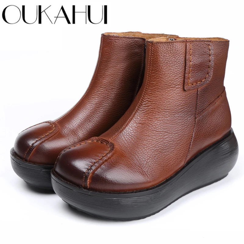 Осенние винтажные повседневные ботинки OUKAHUI из натуральной кожи на плоской