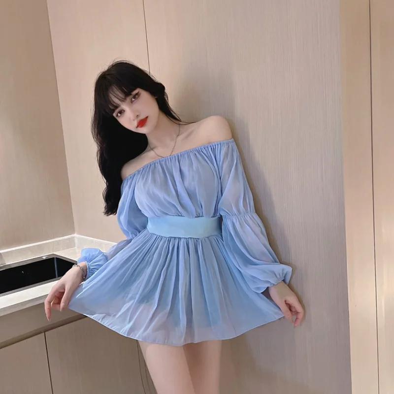 

Новинка 2021, женская одежда, осенняя Свободная блузка с рукавами-фонариками, женские универсальные шифоновые рубашки в Корейском стиле с над...