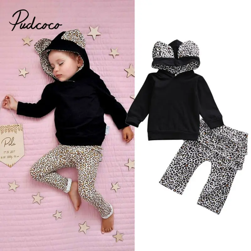Модный комплект одежды для маленьких девочек Леопардовый топ с капюшоном и