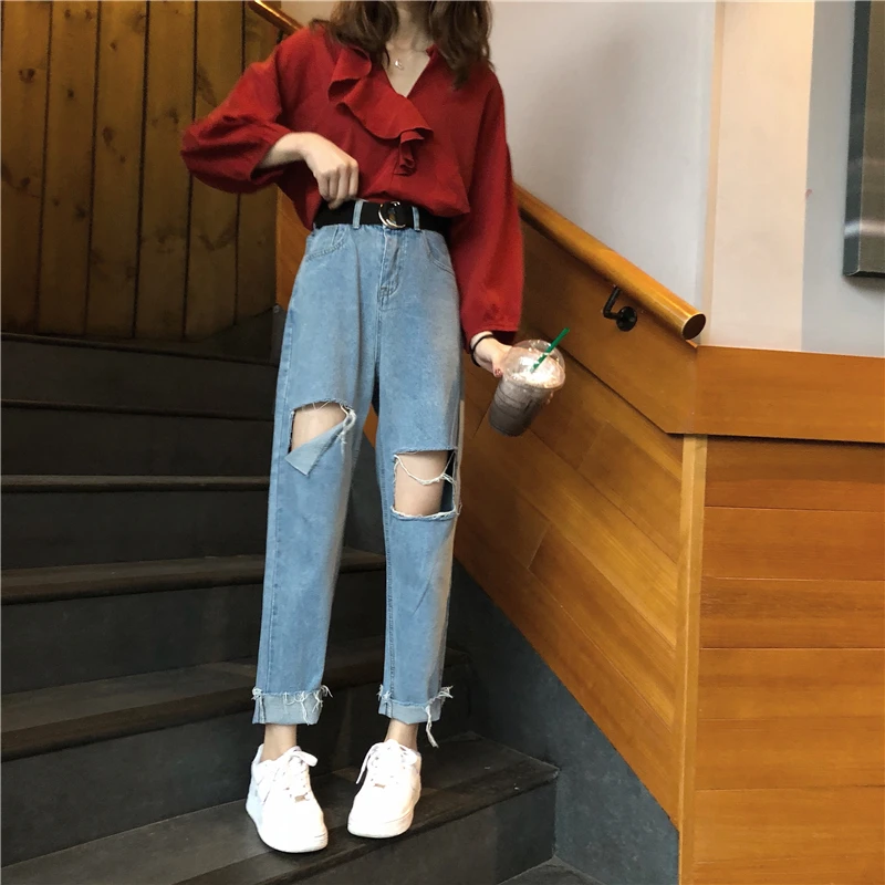 

Summer 2021 New Korean Style Retro Hong Kong Style High Waist Slimming Holes Jeans Women's Loose Cropped Pants Straight-Leg