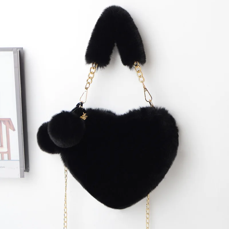 

Faux Fur Winter Women Handbags Heart Shaped Shoulder Bag Female Clutch Purse Chain Messenger Bag Plush Shoulder Crossbody Bag