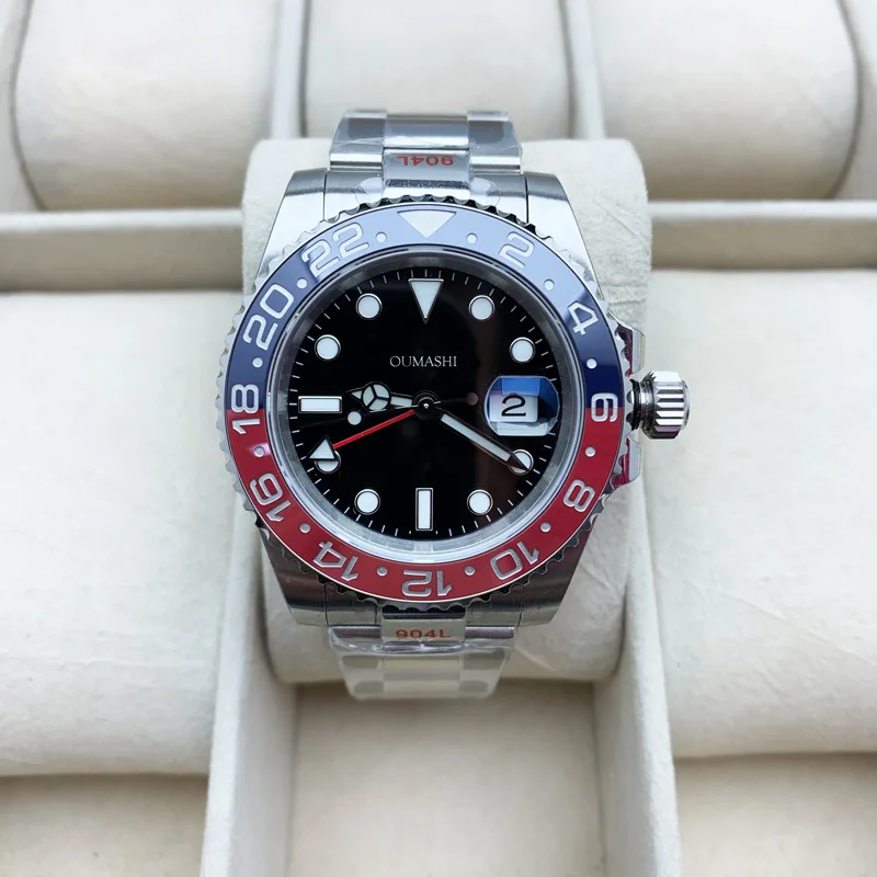 

Men's 40mm Red Blue GMT Mechanical Watch Sapphire Crystal Glass Luminous 904 Stainless Steel Ceramic Bezel