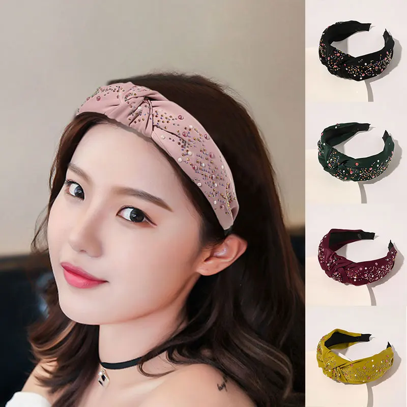 

Vintage Colorful Rhinestone Women Wide Side Hair Hoop Headband Casual Cross Knot Head Hoop Non-slip Hairband Hair Accessories