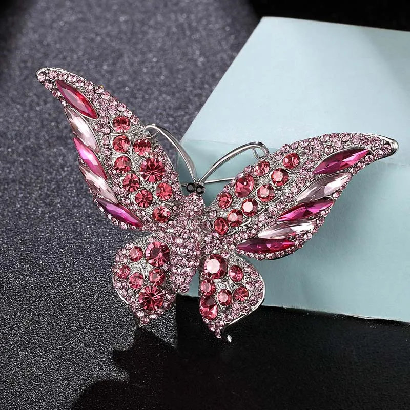SILVER PINK Большая Бабочка, броши, букет, австрийская брошь с кристаллами, булавки, коралл, большой размер, насекомое, хиджаб, аксессуары для женщин, свадебные броши - Окраска металла: SILVER PINK