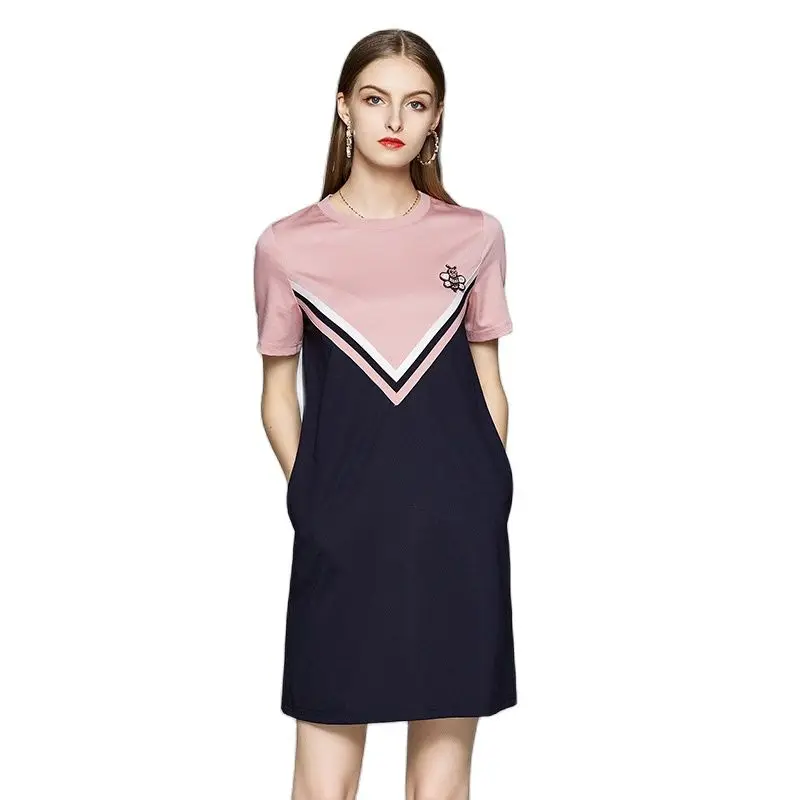 

New Women T-shirt Dress Summer 2021 Fashion Casual Contrast Color Patchwork Embroidered Flares Basics Slim Short Sleeve Dress