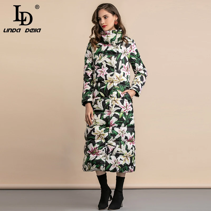 LD LINDA Делла, зимняя теплая утолщенная куртка-пуховик на белом утином пуху, винтажное Элегантное длинное женское пальто с цветочным принтом, верхняя одежда с цветочным принтом