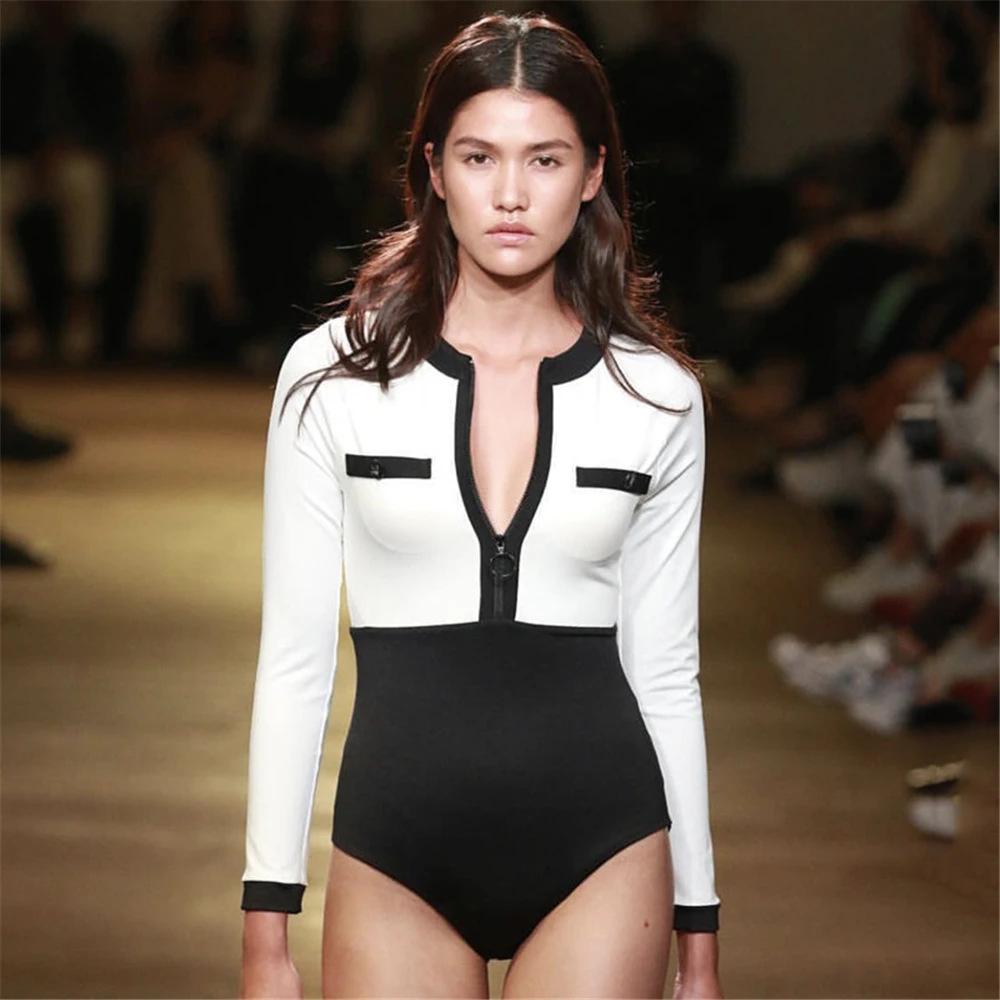 Белый черный купальник с длинным рукавом женский сексуальный цельный высокой