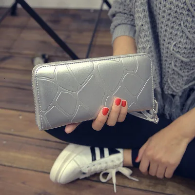 silver BXX Sac/ модный длинный полиуретановый пакет, однотонный кошелек с каменным узором, клатч, сумка, посылка для карт 19K-a122 - Цвет: silver